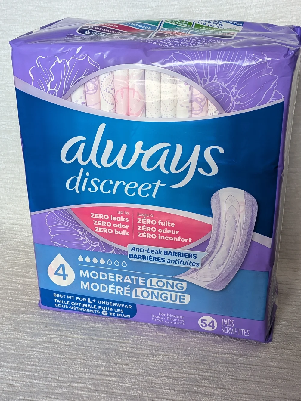 Always Discreet Moderate 4 Long Incontinence Pads - 54 count Pack NWT